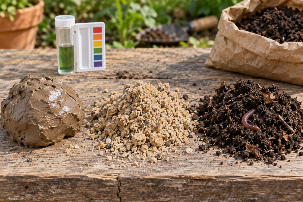 Three soil samples compared side by side showing sticky clay, gritty sand and dark crumbly loam with a pH test kit