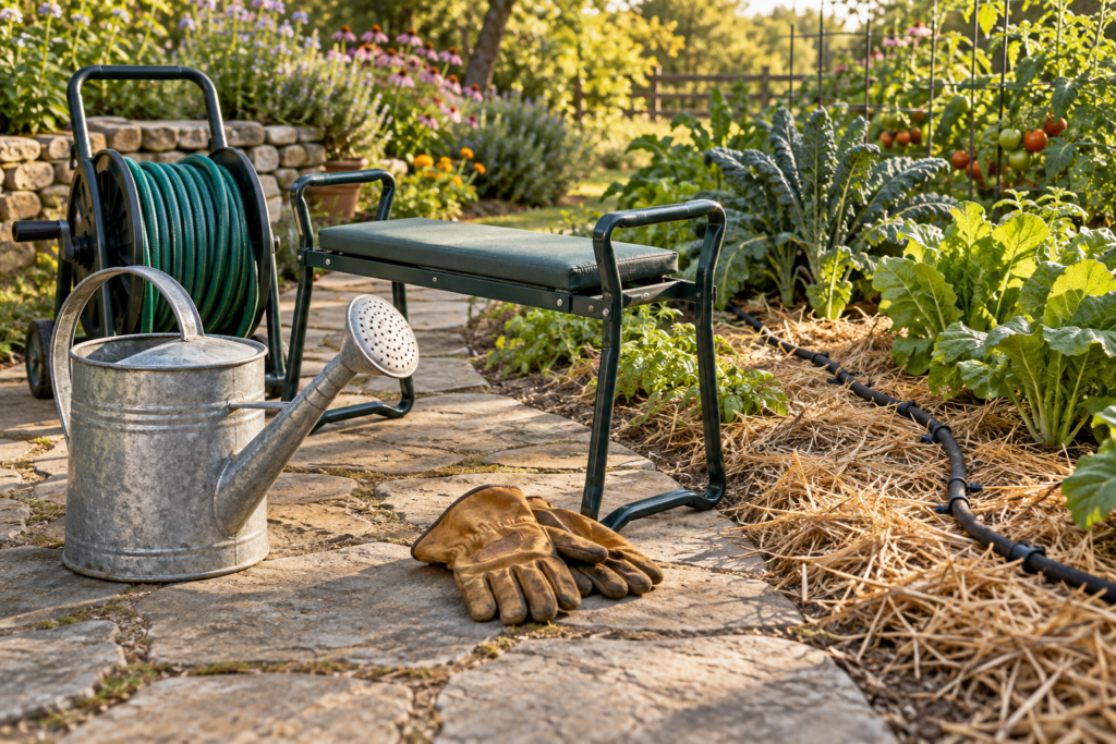Watering can with a fine rose beside a hose reel, kneeler bench, and soaker hose at a vegetable bed