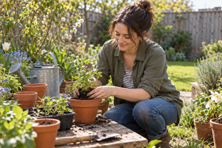 Person potting up a young plant at a wooden bench in a small backyard garden on a spring morning