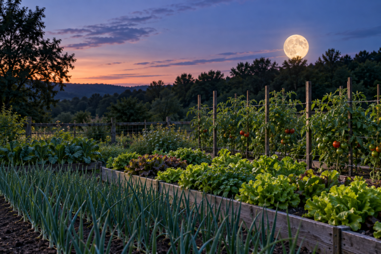 Vegetable garden beds at twilight with a full moon rising above the trees, illustrating gardening by the moon
