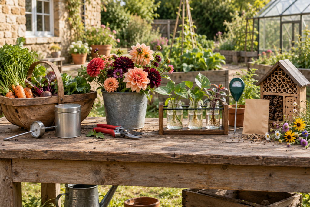 Gifts grouped for food growers, flower gardeners, houseplant keepers and wildlife gardeners on a wooden table
