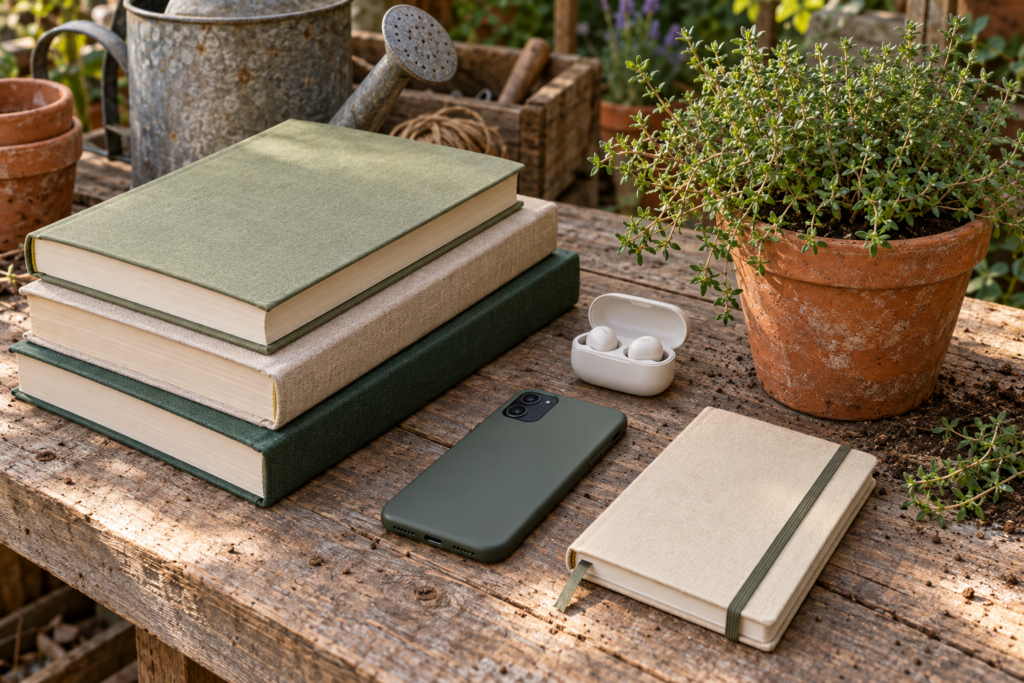 Gardening books, earbuds, a phone, and a pot of thyme arranged on a wooden potting bench
