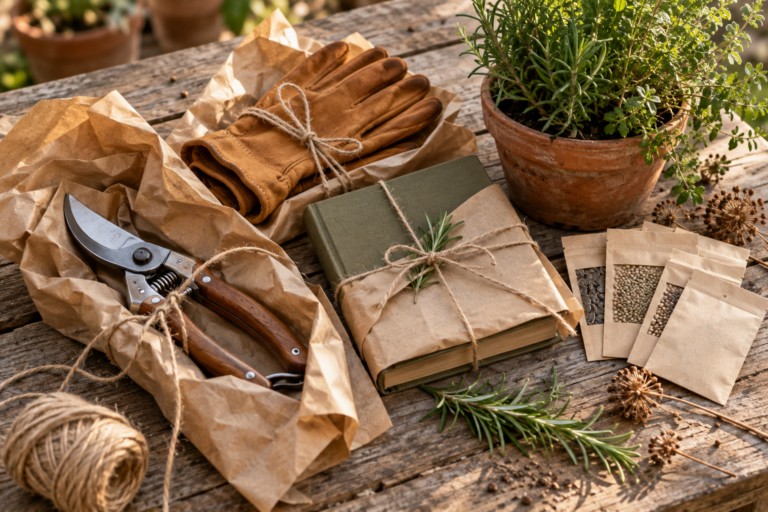 Gardening gifts including secateurs, leather gloves, a book, seed packets and a potted herb wrapped in kraft paper on a wooden table