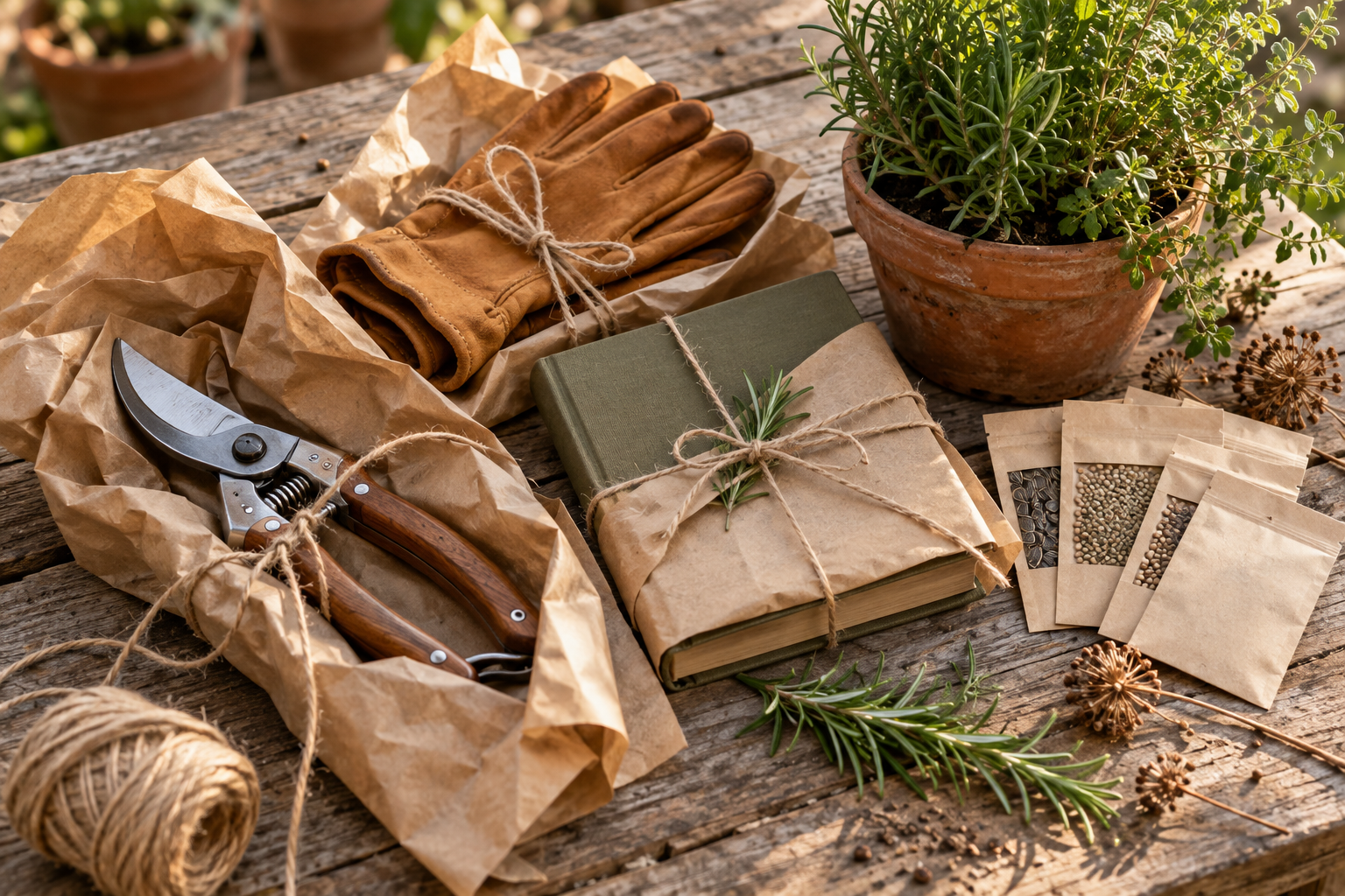 Gardening gifts including secateurs, leather gloves, a book, seed packets and a potted herb wrapped in kraft paper on a wooden table