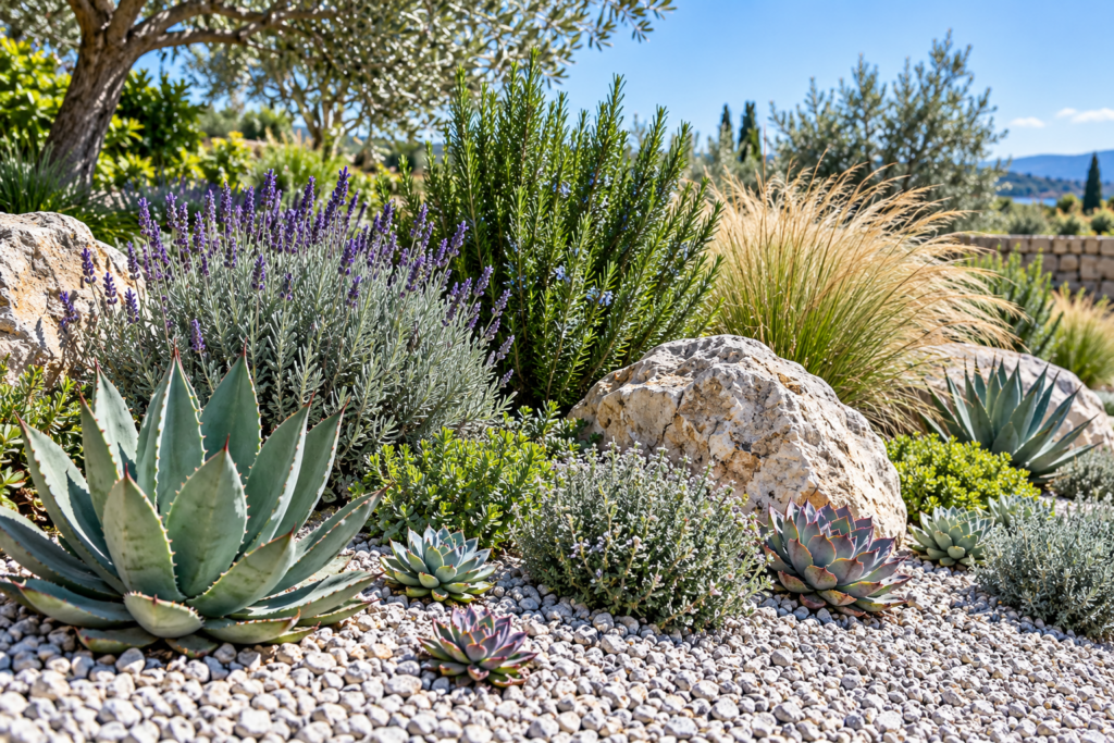 Gravel-mulched dry garden bed with succulents, lavender, rosemary, and ornamental grasses