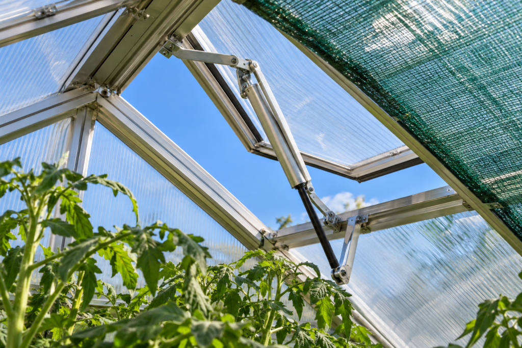 Greenhouse roof vent held open by an automatic vent opener with shade cloth on the roof