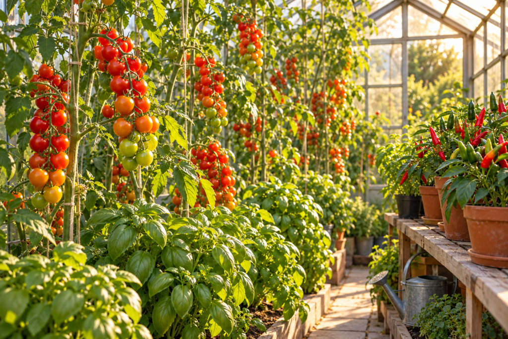 Cherry tomatoes trained up strings with basil at the base and chili plants in a summer greenhouse