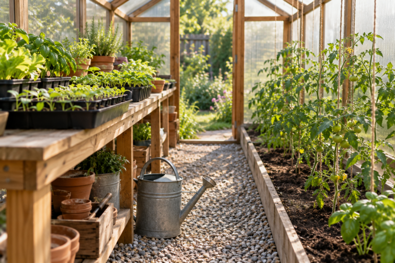 Beginner greenhouse interior with seedlings on wooden staging and young tomato plants growing up twine supports
