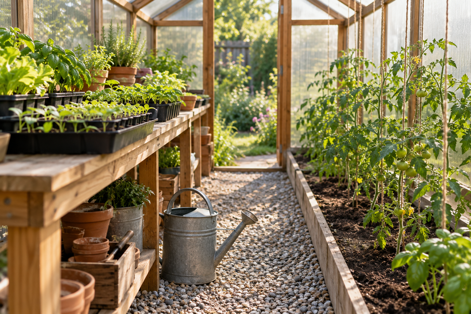 Beginner greenhouse interior with seedlings on wooden staging and young tomato plants growing up twine supports
