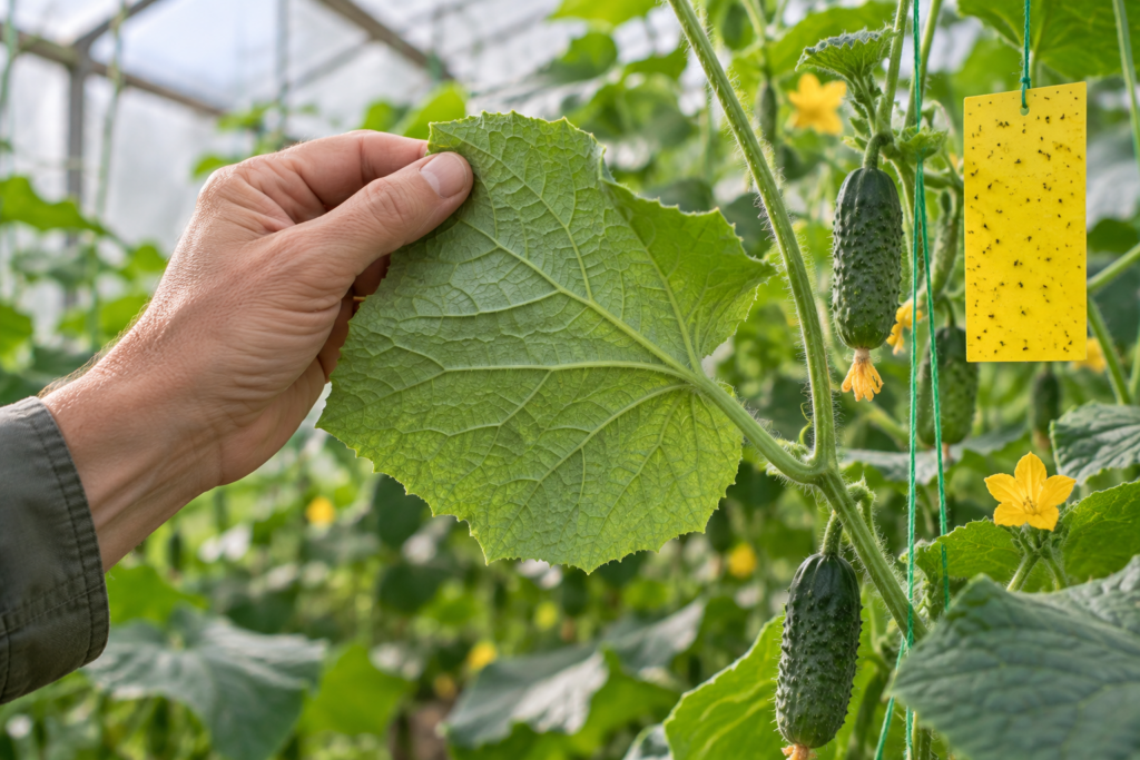 Gardener inspecting the underside of a cucumber leaf for pests beside a yellow sticky trap