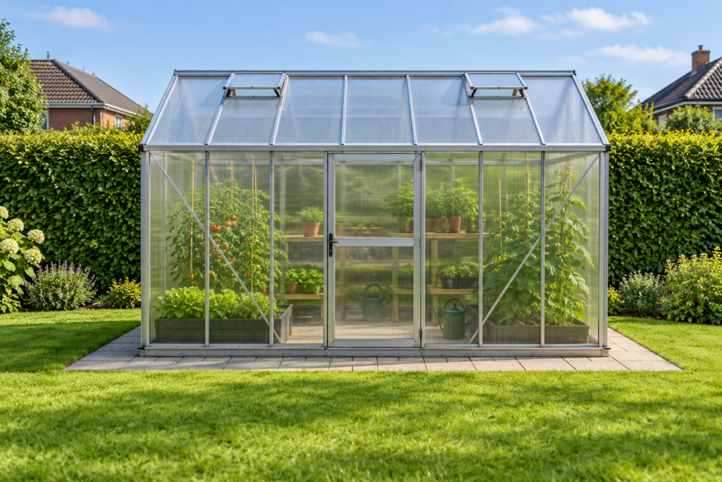 Small polycarbonate greenhouse on a paved base in an open, sunny backyard with a hedge for wind shelter
