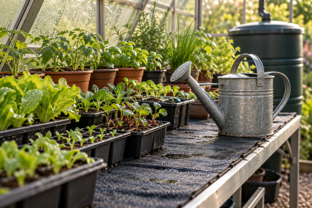 Watering can on greenhouse staging with seedlings on capillary matting and a water butt behind