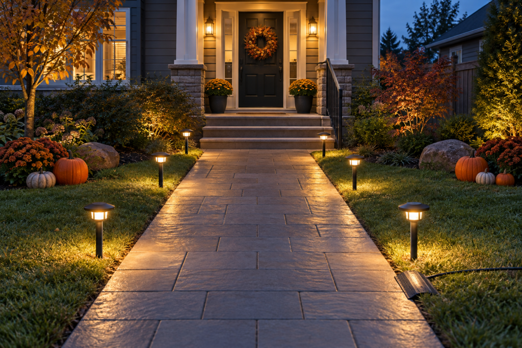 Clear well-lit garden path to a decorated front door with decorations kept to the sides