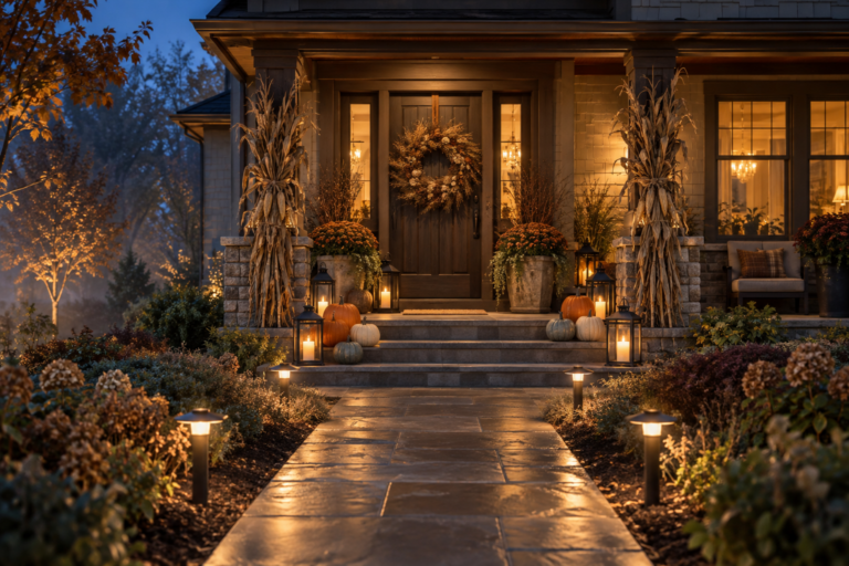 House porch decorated for Halloween at dusk with amber uplighting, pumpkins, lanterns and corn stalks