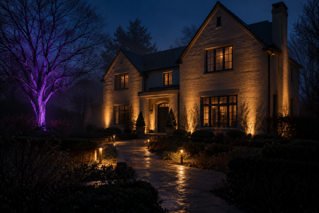 House facade uplit in warm amber at night with a purple-lit tree and a separately lit path