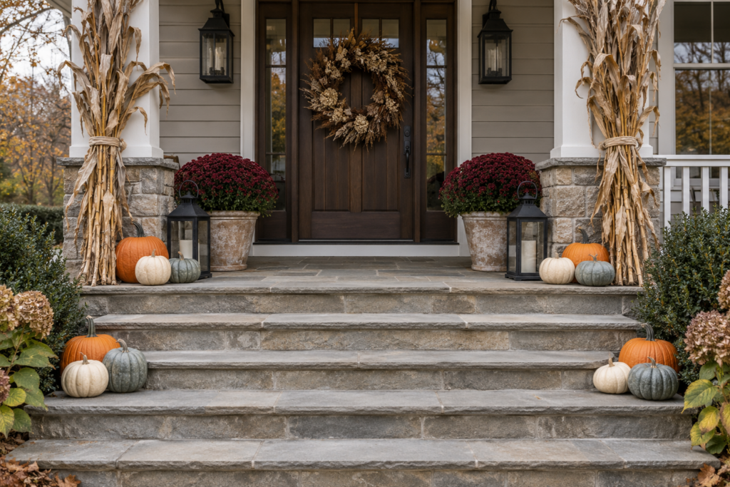 Halloween porch with corn stalks on the posts, a twig wreath and clustered pumpkins on the steps