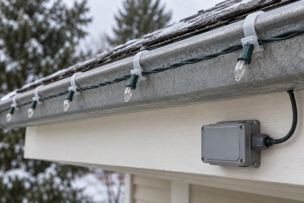 Outdoor light cable fixed along a gutter with plastic clips and a weatherproof connector box