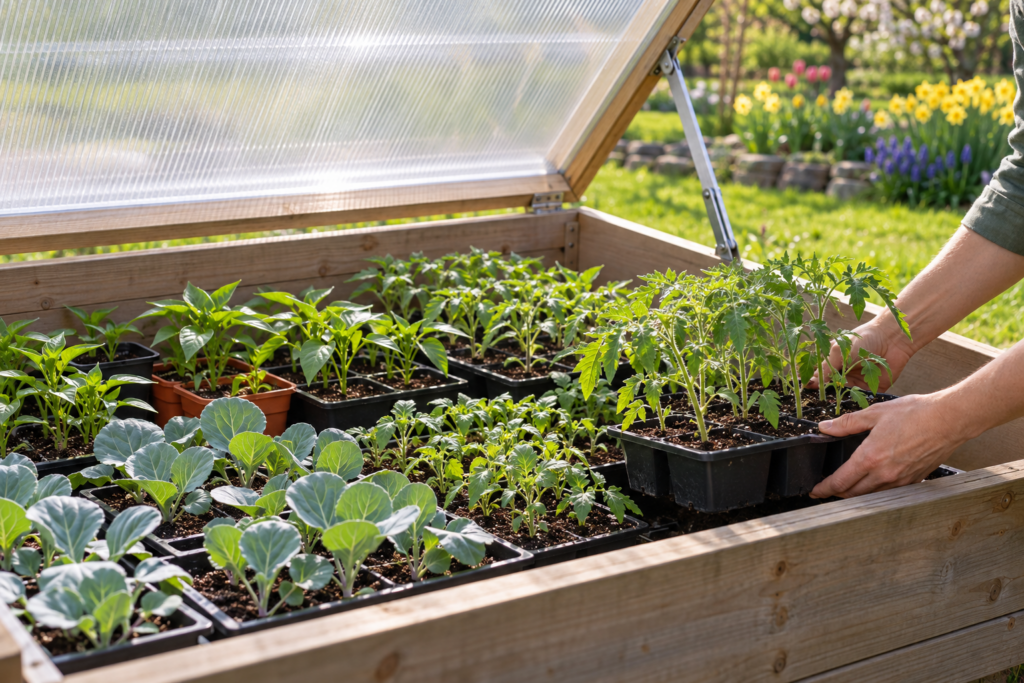 Hardening off tomato, pepper, and cabbage seedlings in trays inside an open cold frame