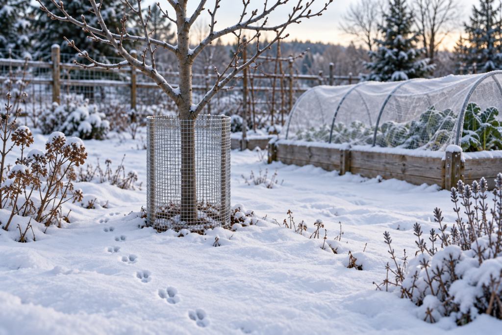 Young apple tree protected by a hardware cloth guard in winter with rabbit tracks in the snow