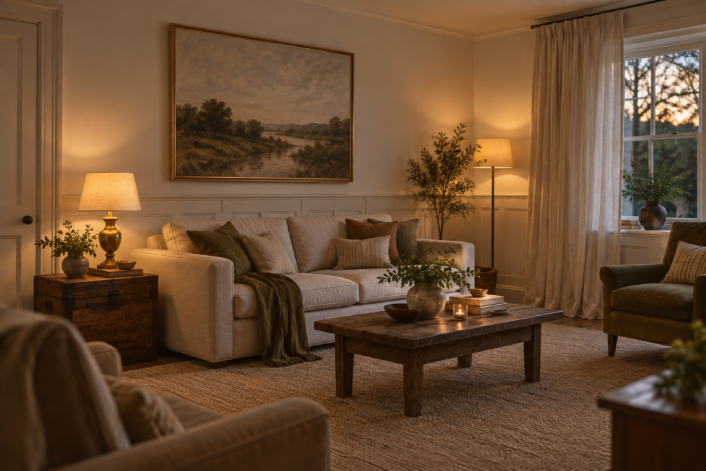 Simple living room made to look high-end with full-length curtains, a large rug, an antique chest and layered lamps