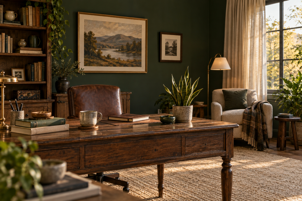 Home office with a deep green wall, framed art at eye level, wool rug, linen curtains and personal objects on shelves