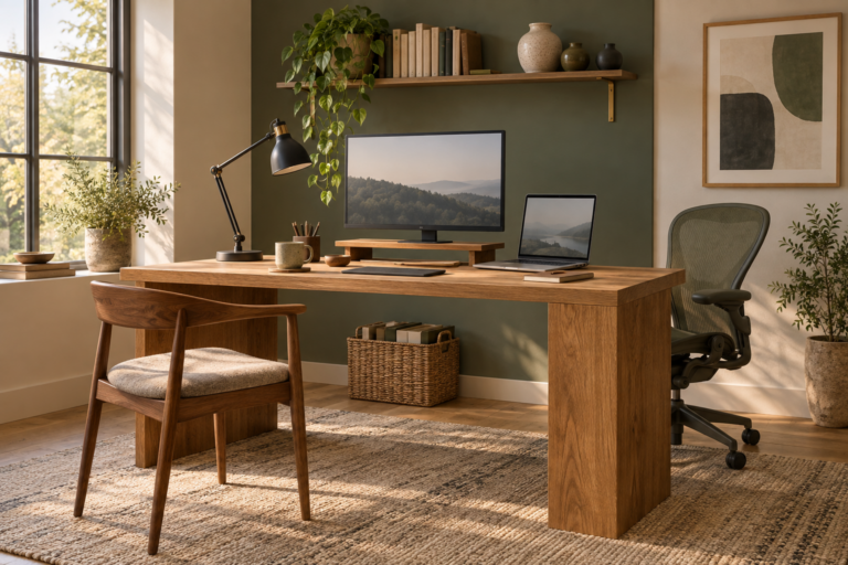 Home office with an oak desk beside a window, sage green wall, task lighting, wooden shelving and a trailing plant