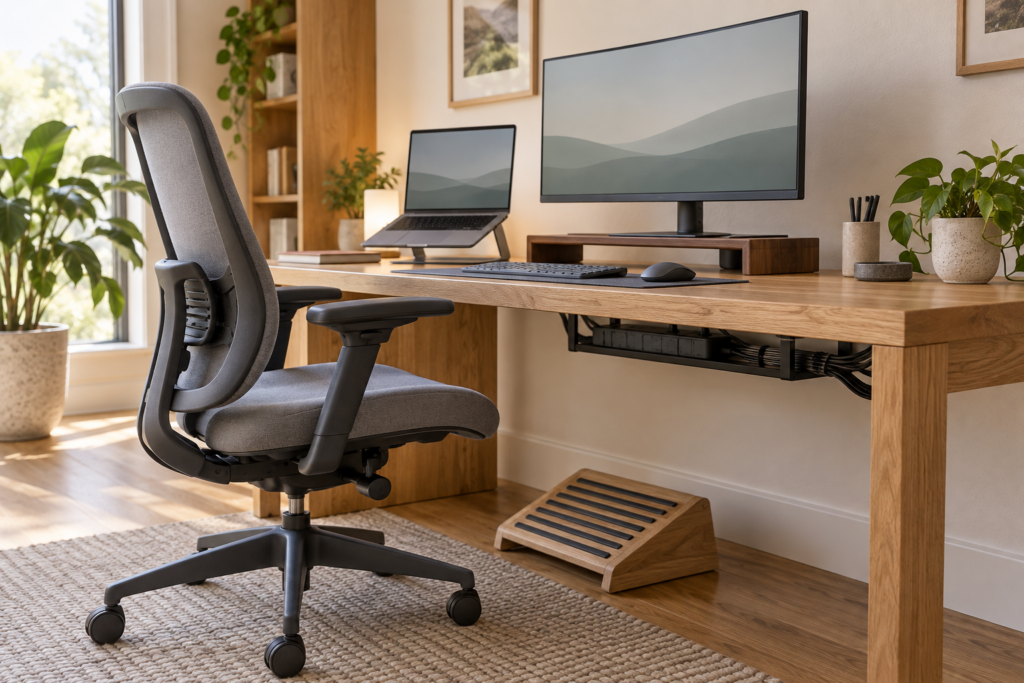 Home office desk from the side showing a raised monitor at eye level, separate keyboard, ergonomic chair and footrest