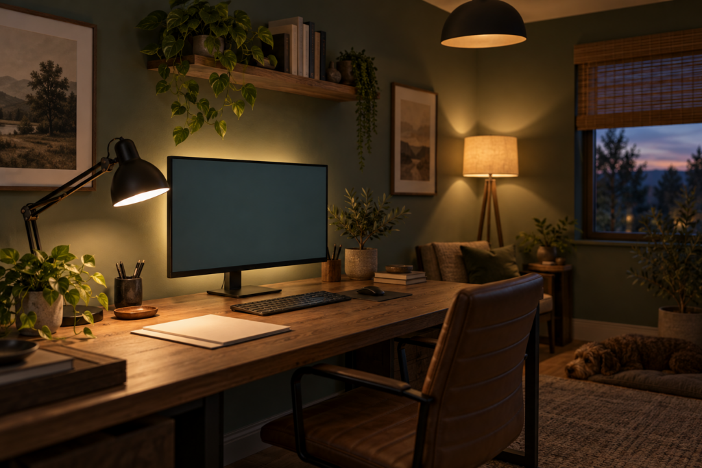Home office at dusk lit by an adjustable task lamp, a corner floor lamp, bias light behind the monitor and a dimmed pendant