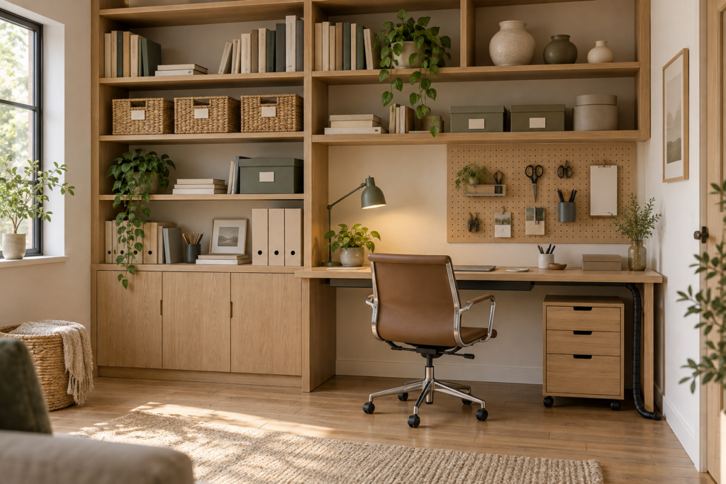 Home office storage wall with floor-to-ceiling shelving, closed cabinets hiding a printer, pegboard and tidy cabling