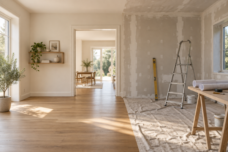 Partly renovated room with new flooring and plastered walls beside dust sheets, a stepladder and rolled plans