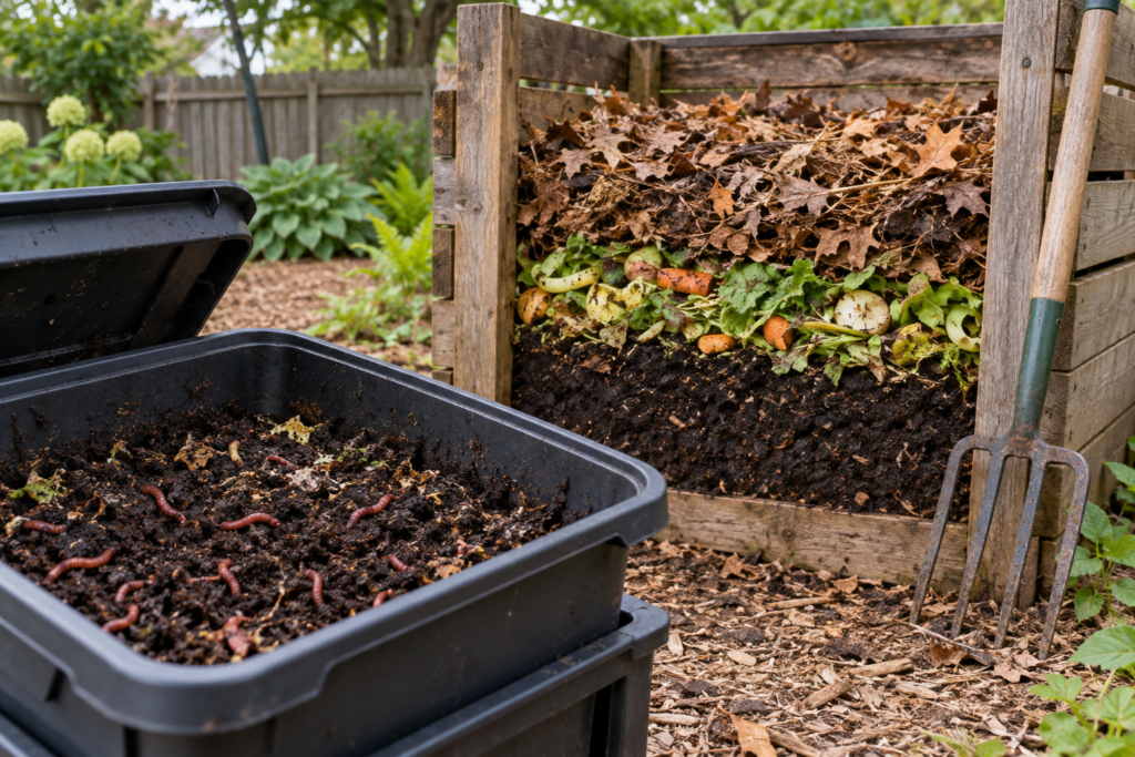 Backyard compost bin with layered browns and greens beside a worm bin with red wigglers
