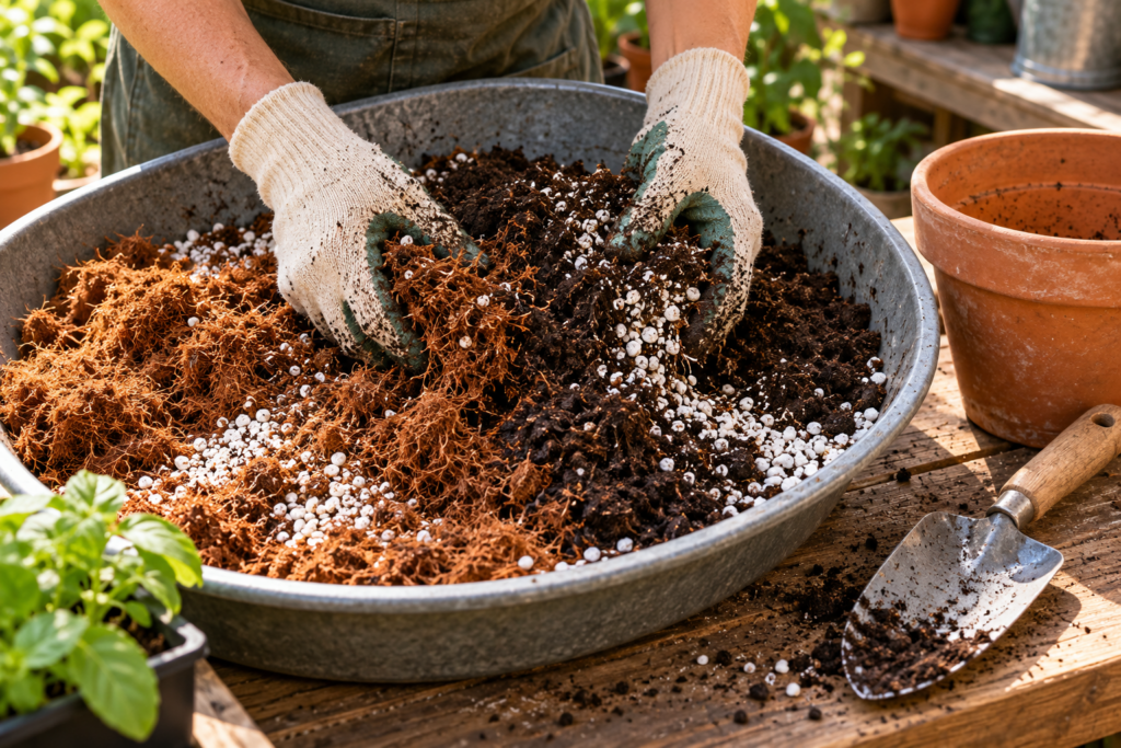 Hands mixing coconut coir, compost, and perlite to make homemade potting mix for containers