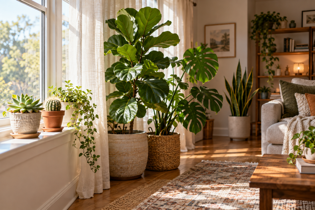 Houseplants arranged at different distances from a bright window to show direct, indirect, and lower light