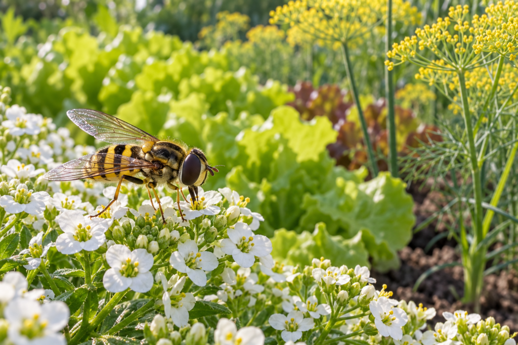 Hoverfly visiting sweet alyssum flowers beside lettuce and flowering dill in a vegetable bed