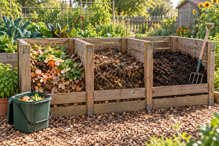 Three-bay wooden compost bin showing fresh scraps, partly decomposed material, and finished compost beside a vegetable garden