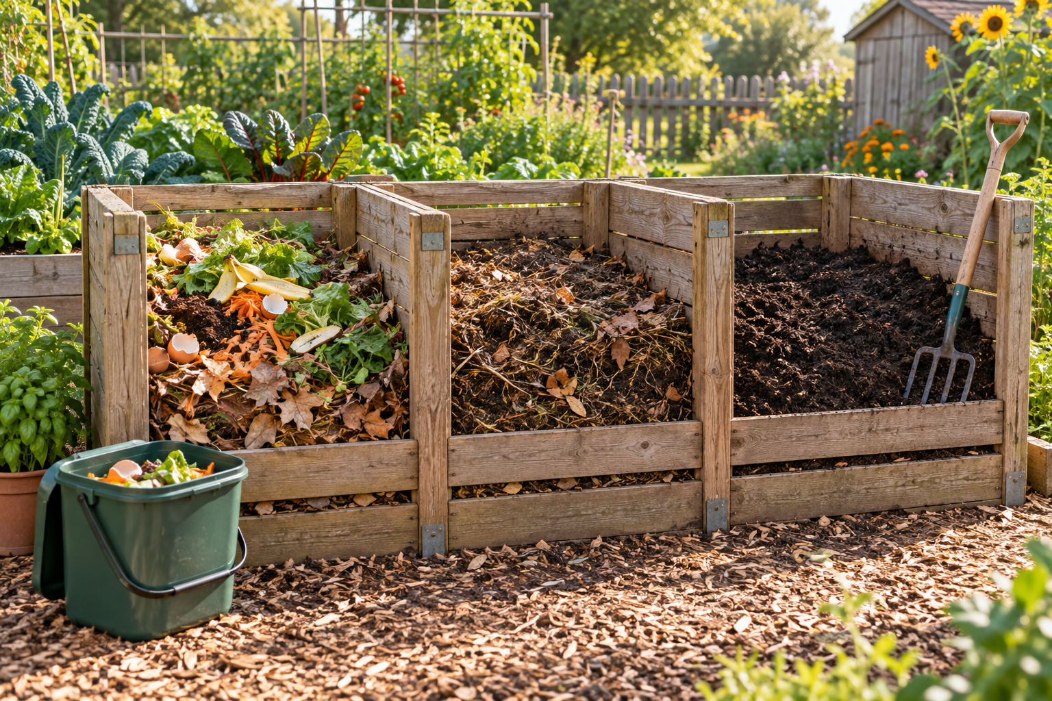 Three-bay wooden compost bin showing fresh scraps, partly decomposed material, and finished compost beside a vegetable garden