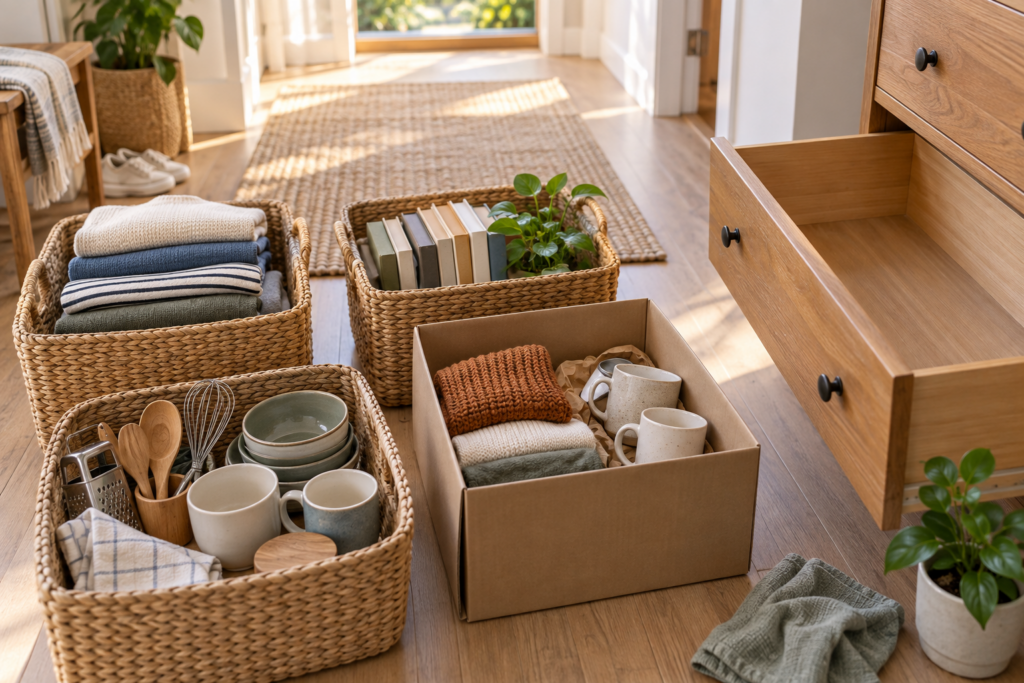 Decluttering belongings into baskets and a box beside an emptied dresser drawer before decorating