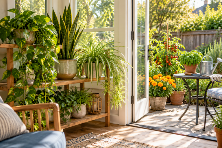 Beginner plant care setup with pothos, snake plant, and spider plant indoors and potted herbs, tomatoes, and marigolds on the patio