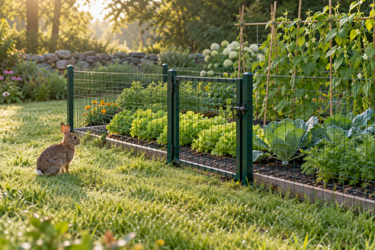 Rabbit sitting outside a wire mesh fence protecting a vegetable garden of lettuce, beans, and cabbage