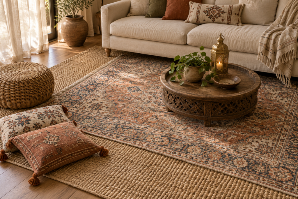 Layered boho rugs with vintage patterned rug over jute, linen sofa, rattan pouf and floor cushions