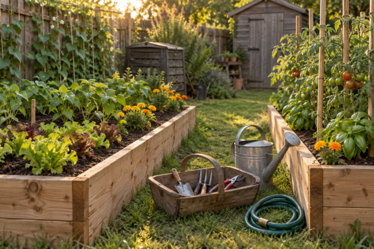 Beginner vegetable garden with two raised timber beds planted with lettuce, beans, tomatoes and marigolds