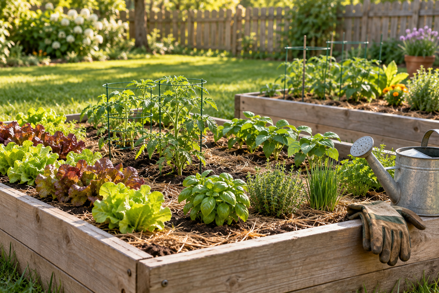 Two wooden raised beds planted with young lettuce, tomato, and bean seedlings in a sunny backyard vegetable garden