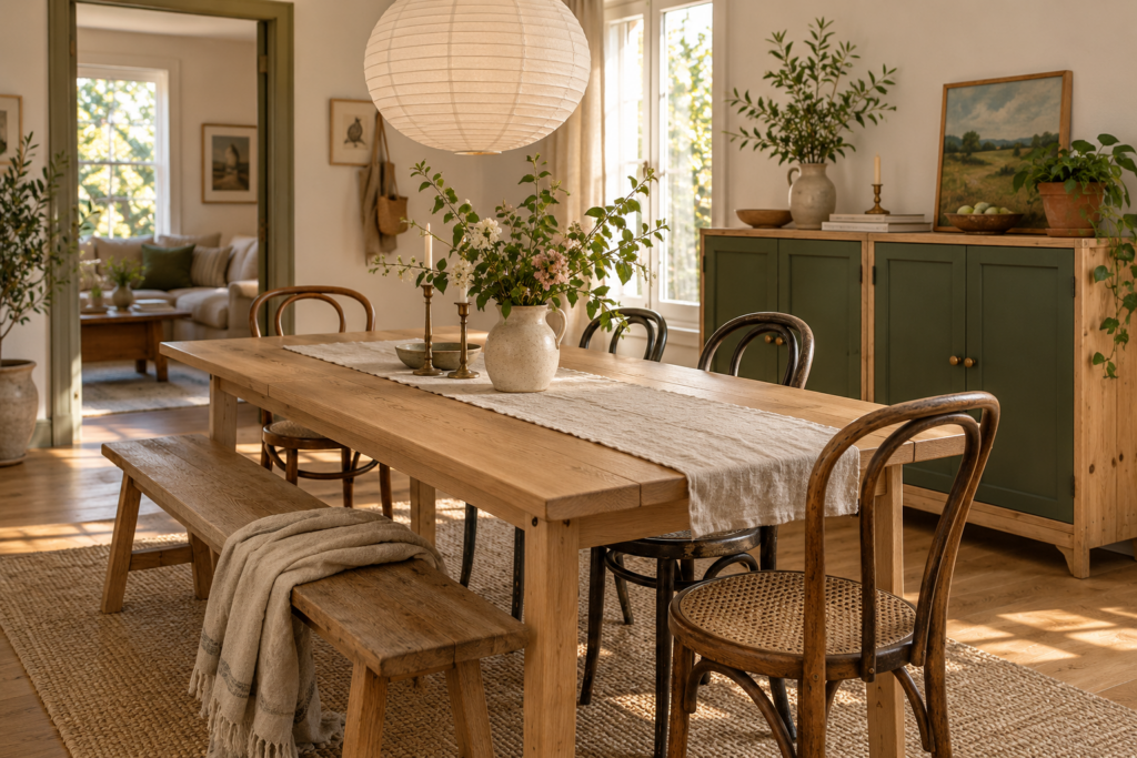 IKEA dining table with mismatched chairs, bench, pendant light and painted pine sideboard