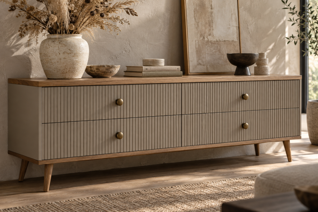 IKEA furniture hack with fluted drawer fronts, brass knobs, new legs and a wood top