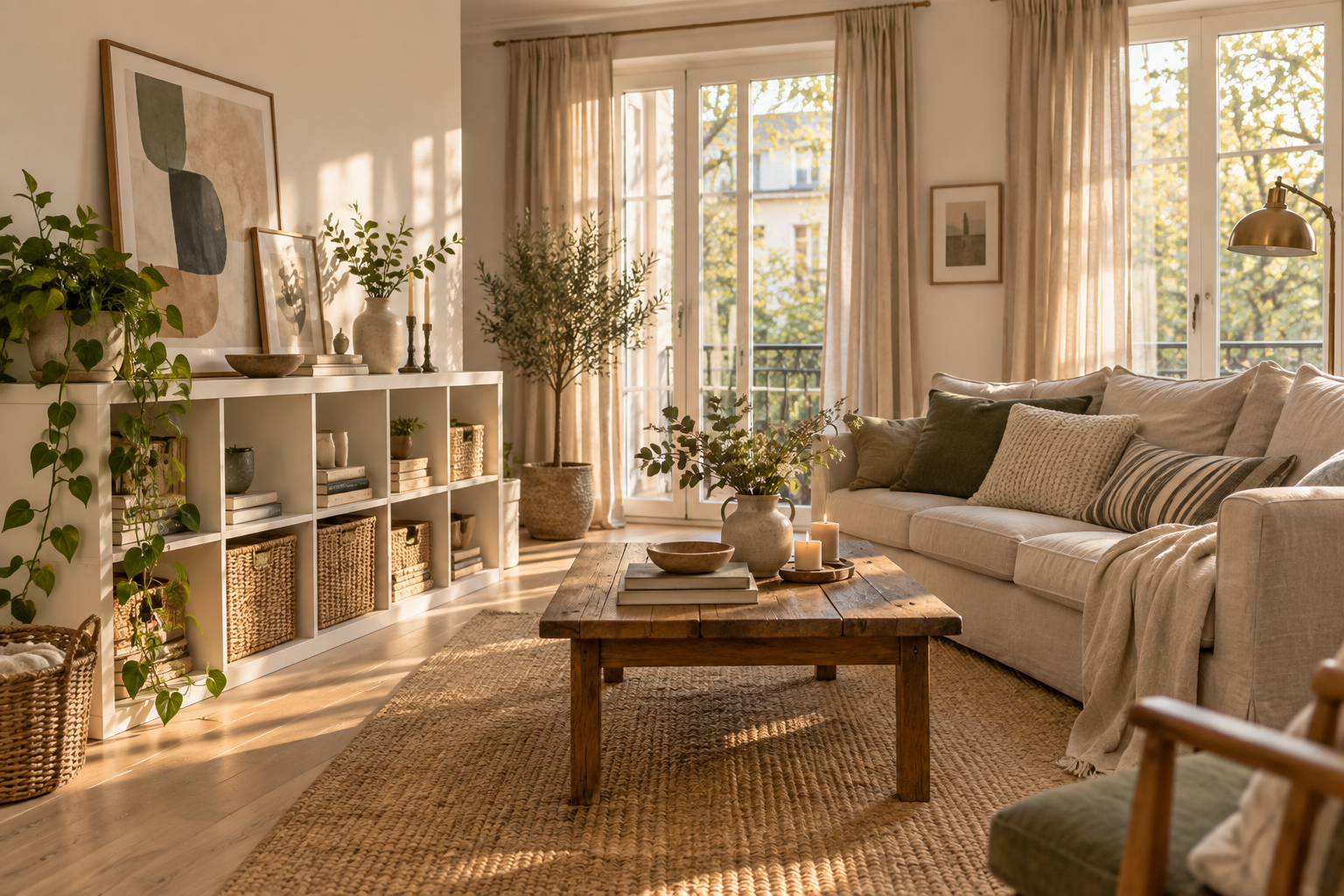 Stylish living room decorated with IKEA furniture, cube shelving styled with baskets and plants, linen sofa and jute rug