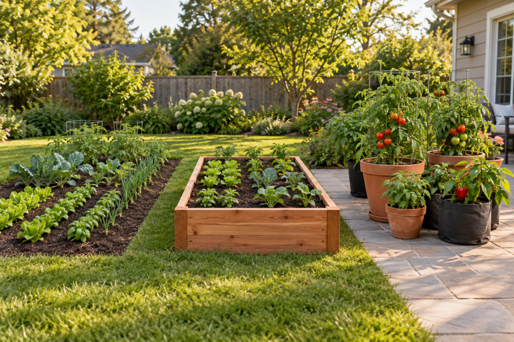 In-ground vegetable bed, cedar raised bed, and container vegetables on a patio compared side by side