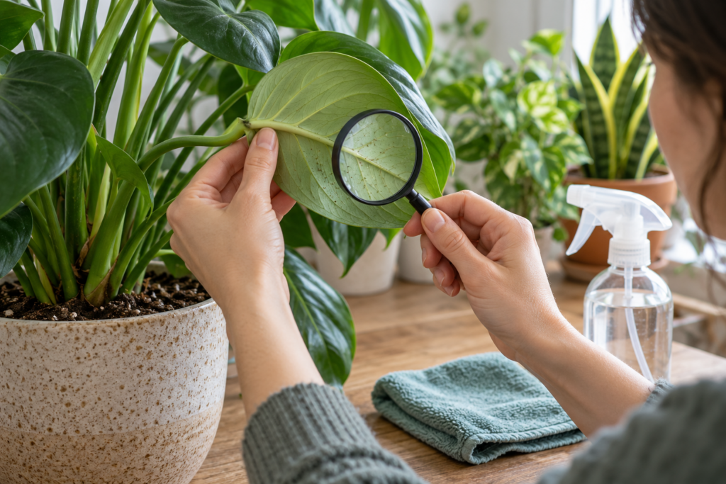 Inspecting the underside of a houseplant leaf for pests with a magnifying glass