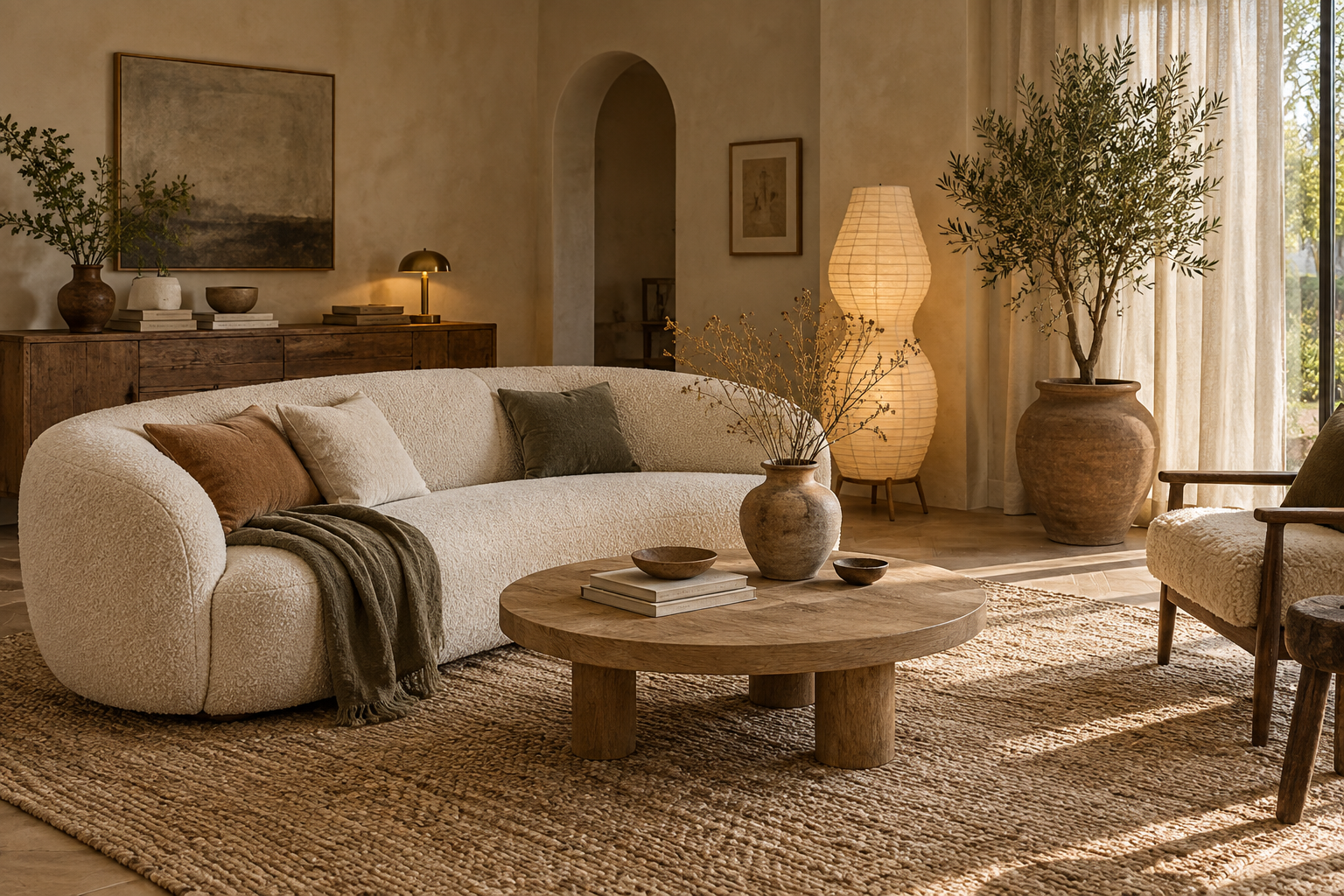 Modern living room with a curved boucle sofa, limewashed walls, oak furniture, layered lamps, and an earthy color palette