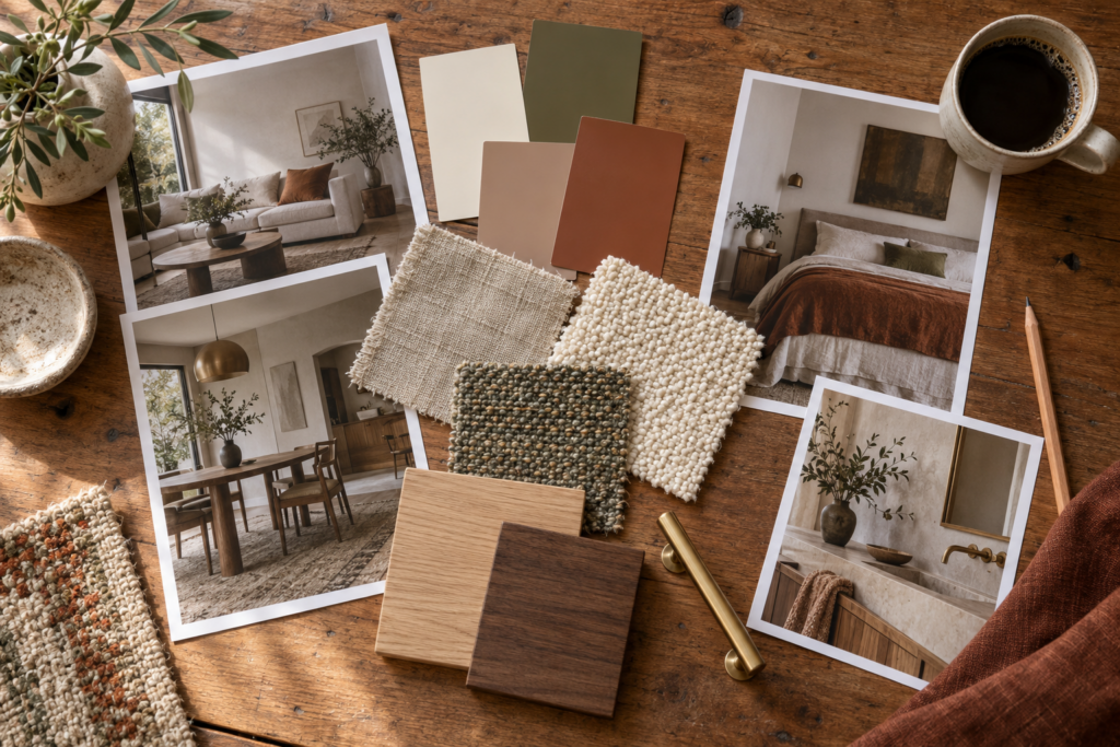 Interior design mood board with paint swatches, fabric samples, wood finishes, and room inspiration photos on a table
