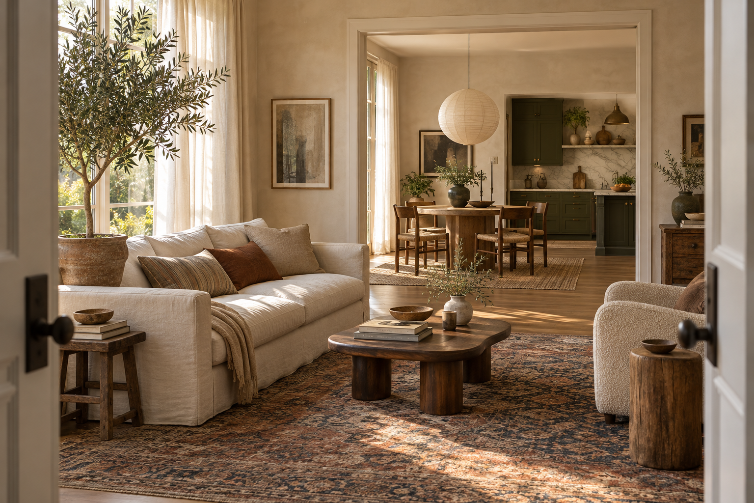 View through a stylish home from a linen-furnished living room into a dining area and an olive green kitchen